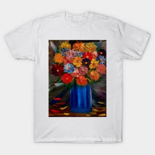 Some a lovely simple bouquet of flowers in blue vase Painted on a metallic gold and multiple colors blend. T-Shirt